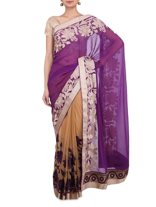 purple and beige chiffon sari - 9641943 - Very Small Image - 1