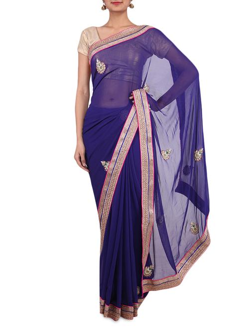 navy blue georgette sari - 9641963 - Very Small Image - 1