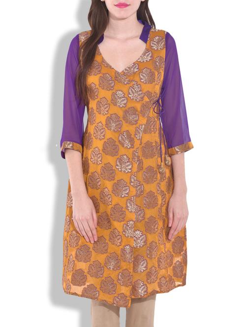 orange georgette jacquard kurta - 9642402 - Very Small Image - 1