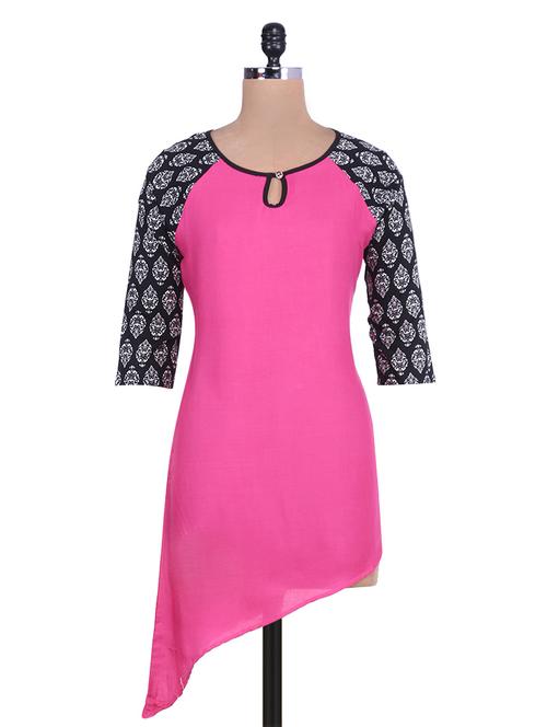 pink asymmetrical rayon kurti with printed sleeves - 9644313 - Very Small Image - 1