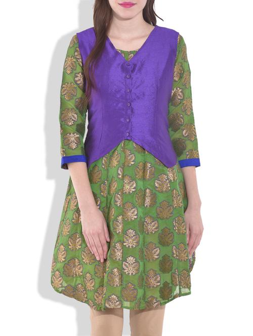 green chanderi a-line kurta - 9646948 - Very Small Image - 1