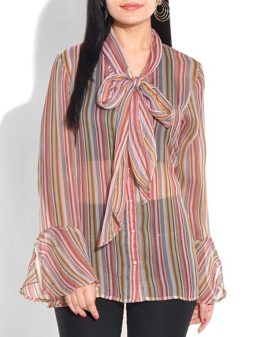 pink striped poly chiffon top - 9655108 - Very Small Image - 1