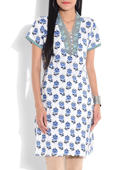 white floral printed cotton kurta - 9655608 - Very Small Image - 1