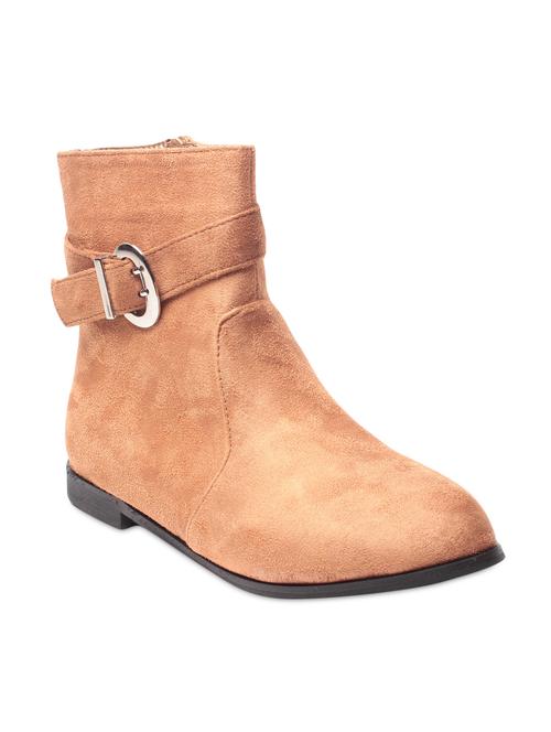 Tan leatherette flat ankle length boots - 9656305 - Very Small Image - 1