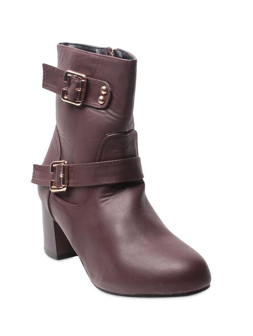 chocolate brown leatherette buckle strap ankle length boots - 9656325 - Very Small Image - 1