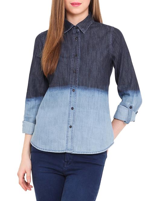 Blue Colour Block Denim Shirt - 9657015 - Very Small Image - 1