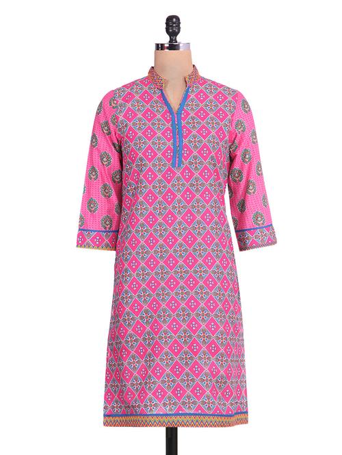 Pink printed cotton kurta - 9657326 - Very Small Image - 1