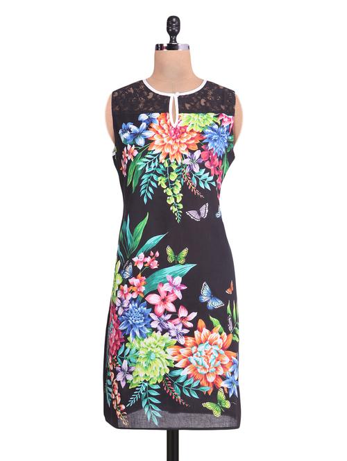 Black floral print cotton kurta - 9657387 - Very Small Image - 1