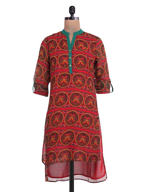 Red printed high-low kurta - 9657408 - Very Small Image - 1