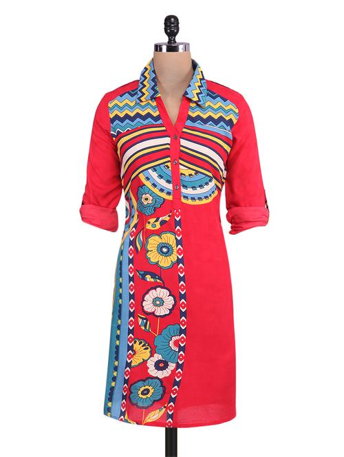 Red printed rayon collared kurta - 9657413 - Very Small Image - 1