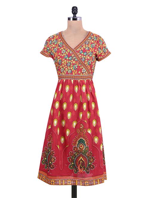 Red angrakha inspired printed rayon kurta - 9657428 - Very Small Image - 1