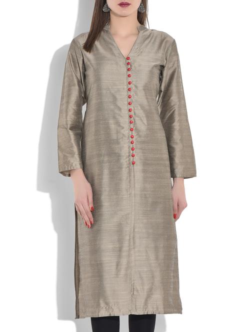 beige silk straight kurta - 9660935 - Very Small Image - 1