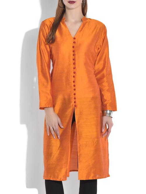 orange silk straight kurta - 9660940 - Very Small Image - 1