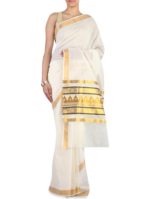 cream color cotton kasavu saree with blouse - 9661209 - Very Small Image - 1