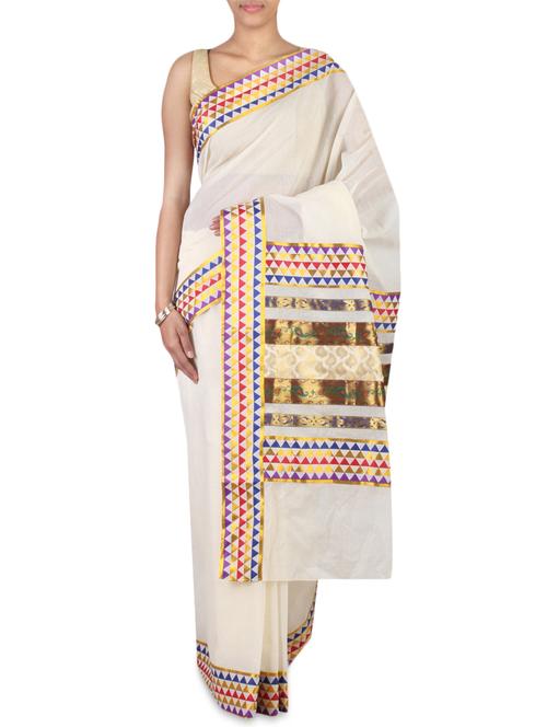 cream color cotton kasavu saree with blouse - 9661221 - Very Small Image - 1