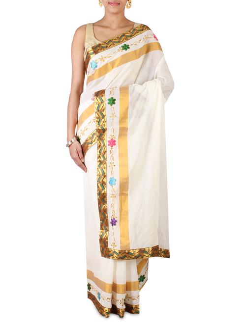 cream color cotton kasavu saree with blouse - 9661226 - Very Small Image - 1