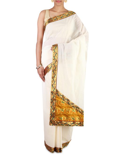 cream color cotton bordered saree with blouse - 9661229 - Very Small Image - 1