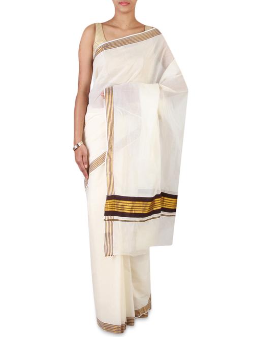 cream color cotton bordered saree with blouse - 9661262 - Very Small Image - 1