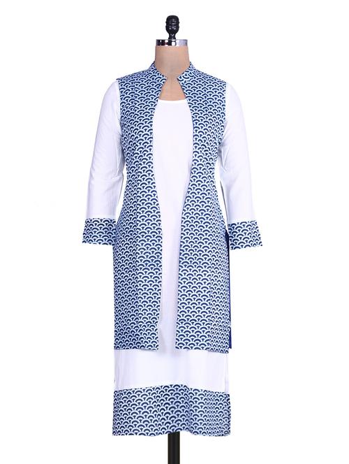 blue and white cotton kurti with jacket - 9663240 - Very Small Image - 1