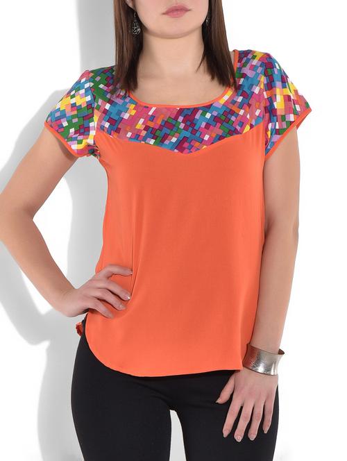 orange printed poly crepe top - 9663850 - Very Small Image - 1