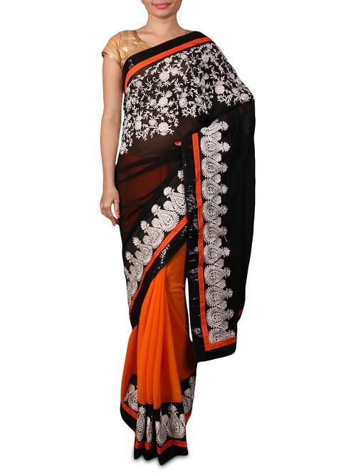 Orange and black embroidered chiffon saree - 966870 - Very Small Image - 1