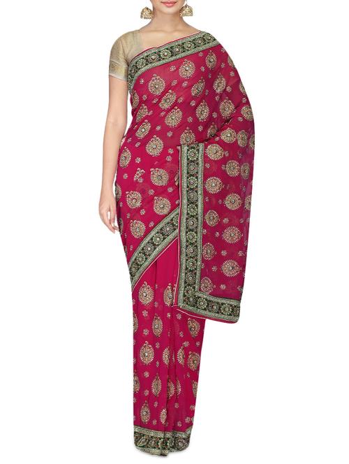 magenta embroidered and embellished faux georgette saree - 9668746 - Very Small Image - 1