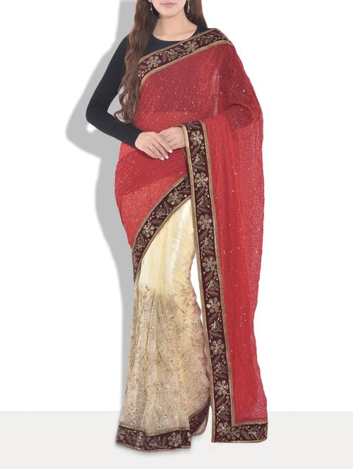 red n cream embroidered saree - 9675167 - Very Small Image - 1