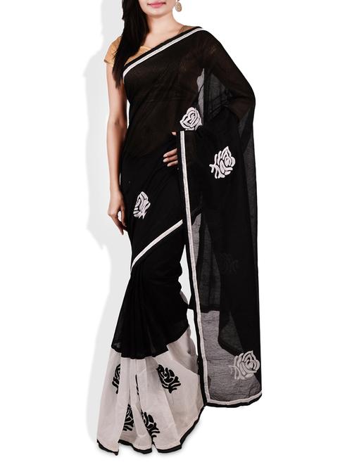 black floral embroidered cotton saree - 9675554 - Very Small Image - 1