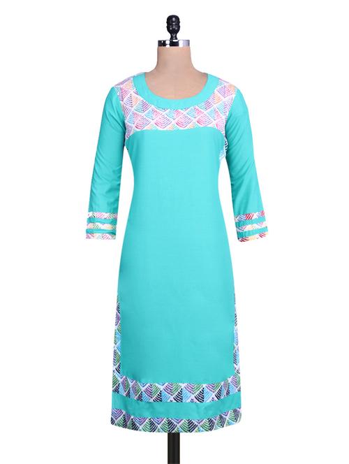 sky blue round neck cotton kurta - 9676061 - Very Small Image - 1