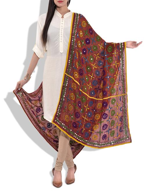 brown georgette phulkari dupatta - 9676262 - Very Small Image - 1