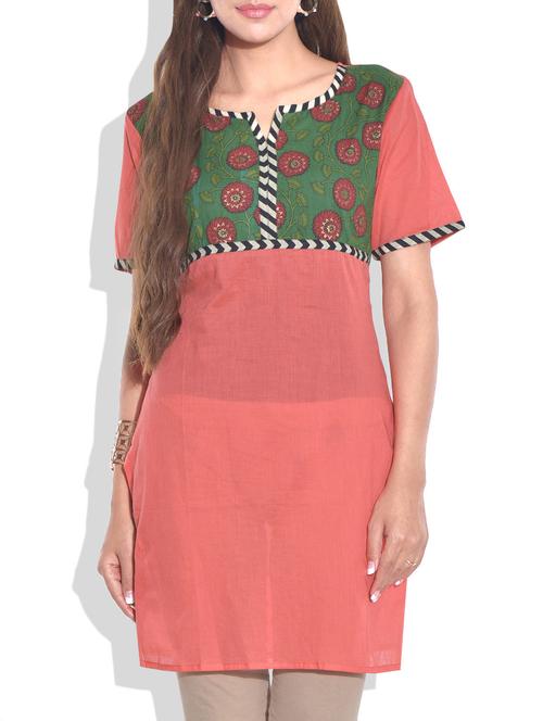 peach printed cotton kurta - 9677027 - Very Small Image - 1