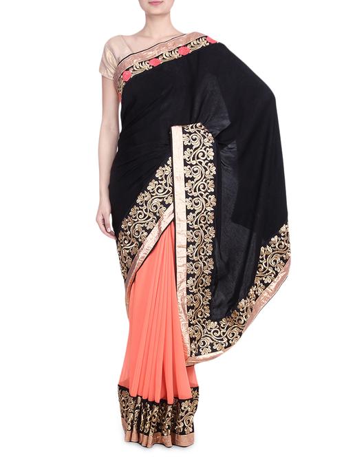 orange and black embroidered georgette saree - 9680090 - Very Small Image - 1