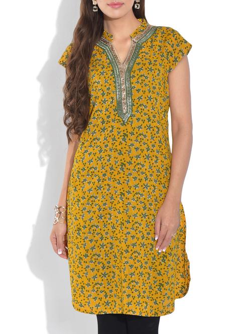 yellow printed short sleeved cotton kurta - 9682206 - Very Small Image - 1