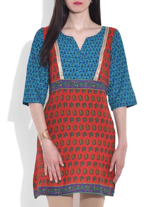 red and blue printed cotton kurta - 9682217 - Very Small Image - 1