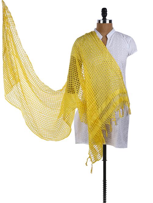 yellow silky cotton woven checks sheer dupatta - 968319 - Very Small Image - 1