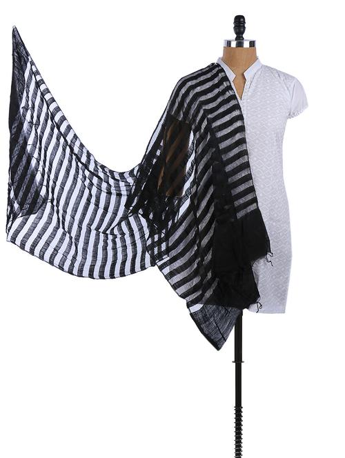 black silky cotton woven striped sheer dupatta - 968320 - Very Small Image - 1