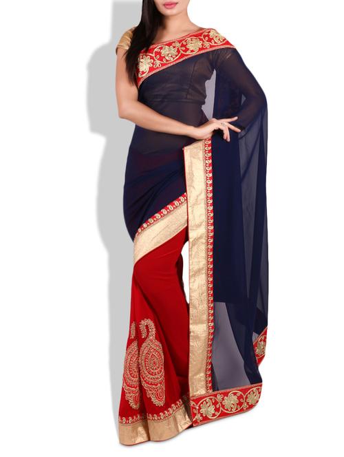 red and navy embroidered georgette saree - 9683332 - Very Small Image - 1