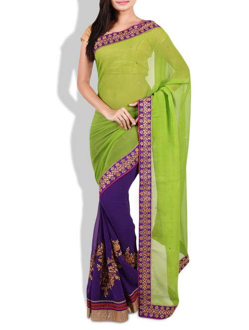 green and violet embroidered georgette saree - 9683362 - Very Small Image - 1