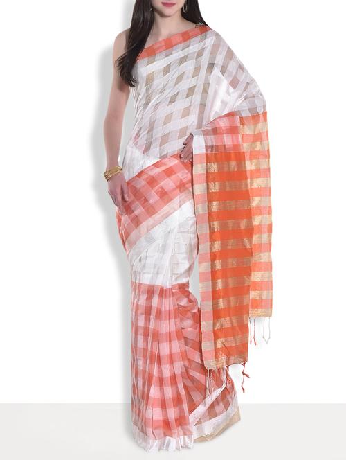 white and orange silk saree - 9683423 - Very Small Image - 1