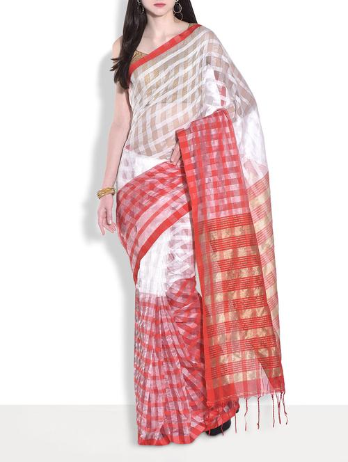white and red silk saree - 9683440 - Very Small Image - 1
