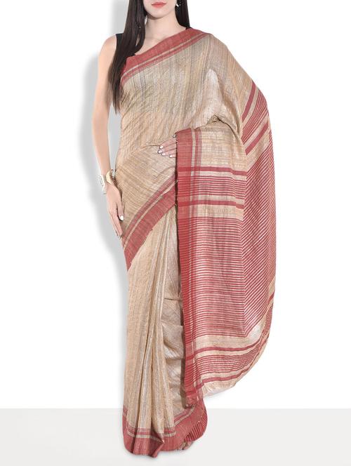 beige silk striped saree - 9683441 - Very Small Image - 1