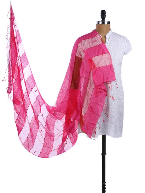 pink cotton woven striped sheer dupatta - 968350 - Very Small Image - 1