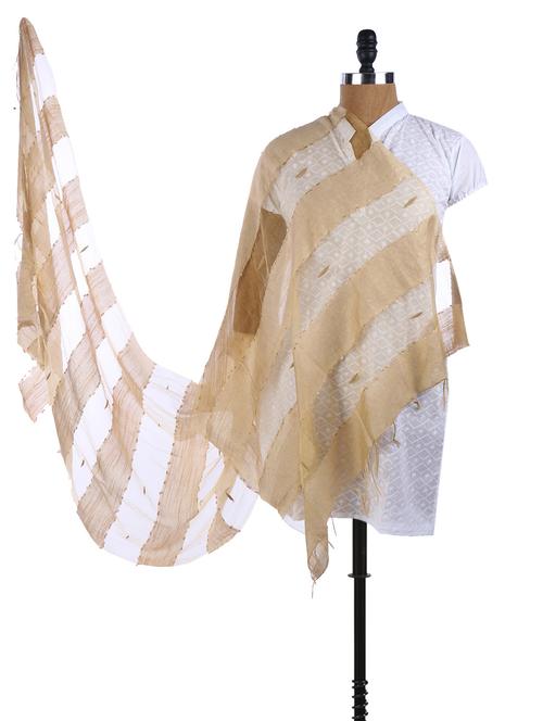 beige cotton woven striped sheer dupatta - 968351 - Very Small Image - 1