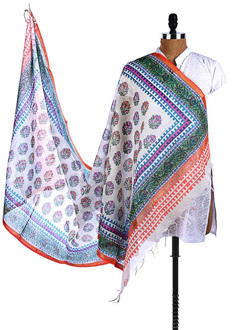white-multicolor chanderi silk floral print dupatta - 968445 - Very Small Image - 1