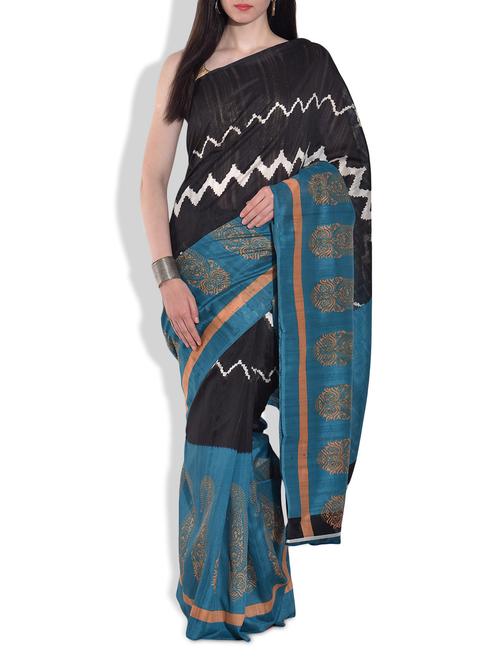 blue and black art dupion silk sari - 9684934 - Very Small Image - 1