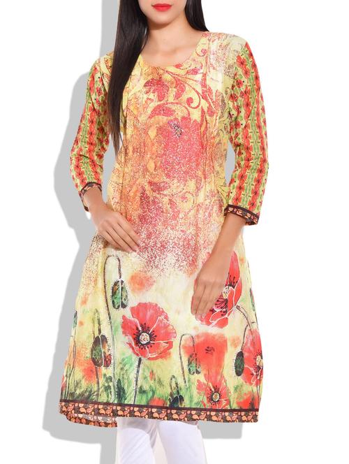 red and yellow digitally printed cotton kurta - 9685039 - Very Small Image - 1
