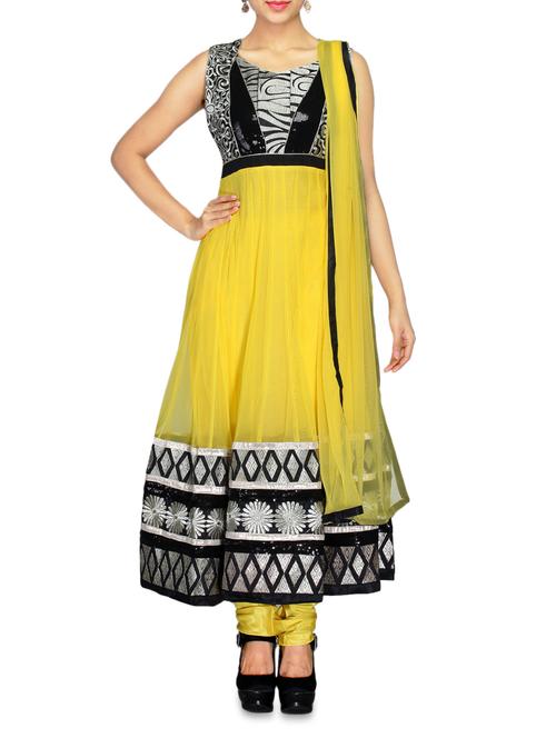 yellow and black soft net stitched suit set - 9686245 - Very Small Image - 1