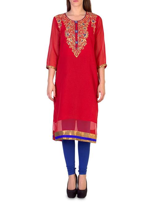 red georgette embroidered kurta - 9687151 - Very Small Image - 1