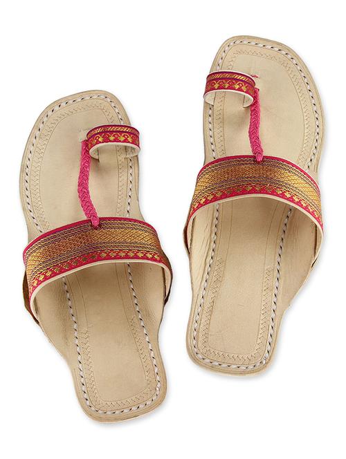 magenta and gold leather kolhapuri slides - 9687466 - Very Small Image - 1