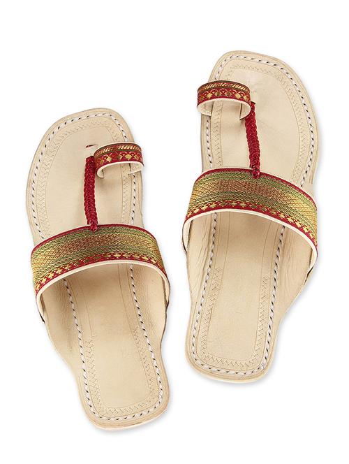 maroon and gold leather kolhapuri slides - 9687475 - Very Small Image - 1